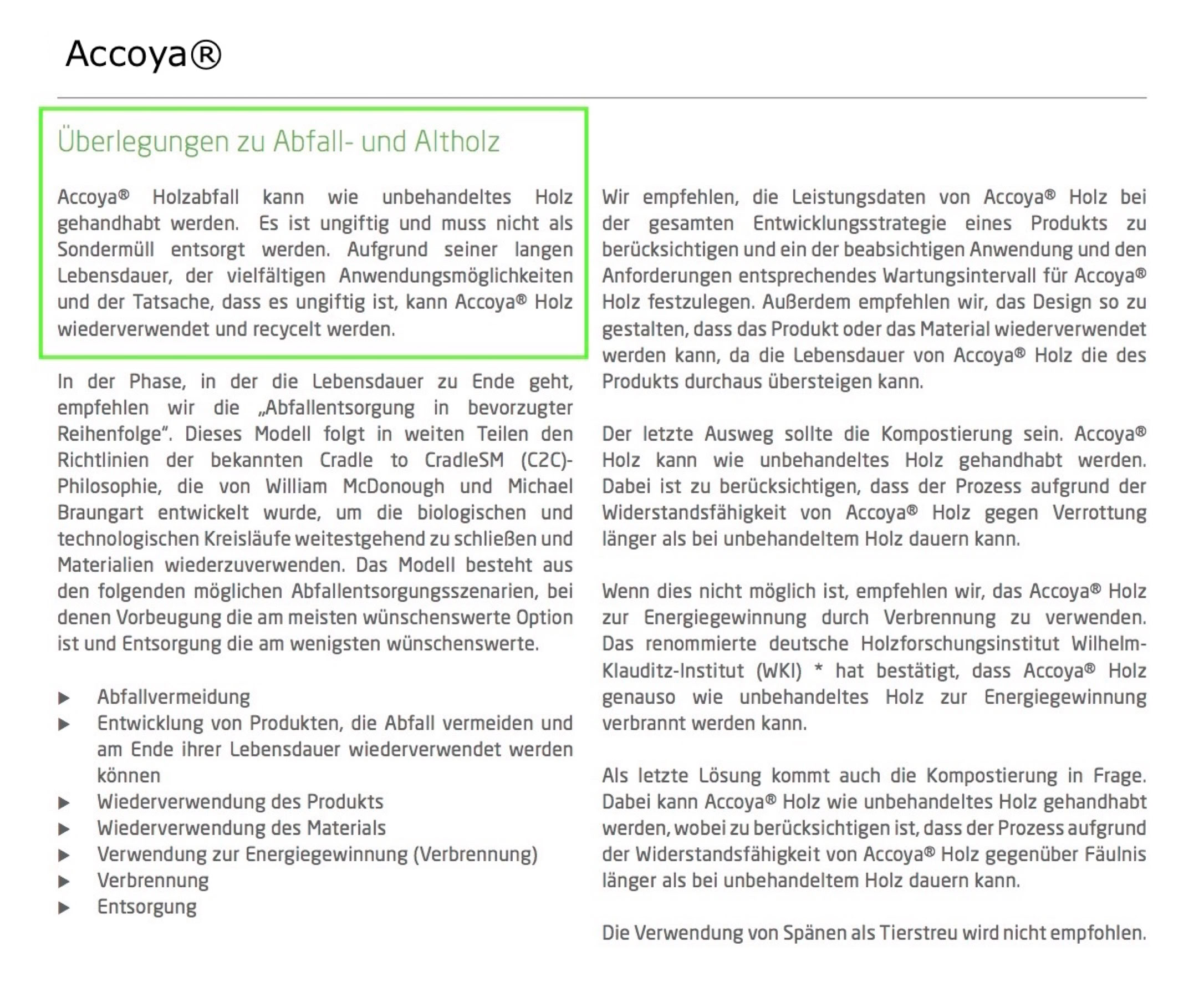 Information zur Handhabung & Entsorgung von Accoya Holz